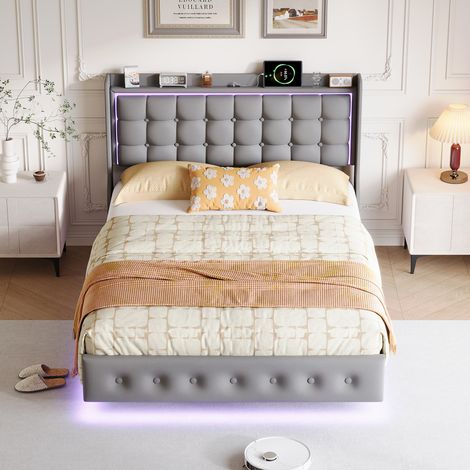 Grand lit 2 places 160x200cm, Sommier Inclus, avec port USB et LED, Tête de Lit Capitonnée, Chambre moderne, Gris, velours
