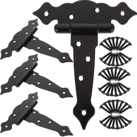 Lot de 4 charnières de porte de 15,2 cm pour abri de jardin, grange, charnières de portail robustes pour clôtures en bois, charnières décoratives classiques noires (1/4)