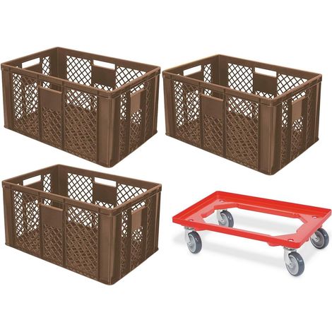 BRB Lot de 3 récipients euros ajourés, qualité alimentaire, 600 x 400 x 320 mm, avec chariot de transport (marron)