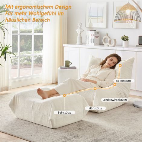 Fauteuil relax teddy moelleux beige avec pouf assorti, canapé paresseux confortable pour lecture au salon, chambre, bureau ou appartement.