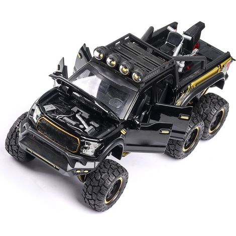 Voiture miniature Ford F150 à l'échelle 1/28, en alliage, pour enfants, avec effets sonores et lumineux, tout-terrain, noir brillant. (1/5)