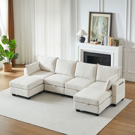 Ecksofa modular aus Chenille Beige, 6-teilig, mit Stauraum, als L-/U-Form und Schlafsofa nutzbar