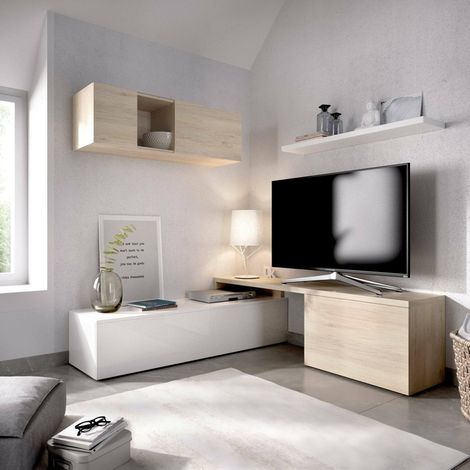 Dmora - Mueble alto Dagnell, Conjunto modular de salón rincón, Mueble salón con soporte de TV multiposición, 201x41h180 cm, Blanco y Roble