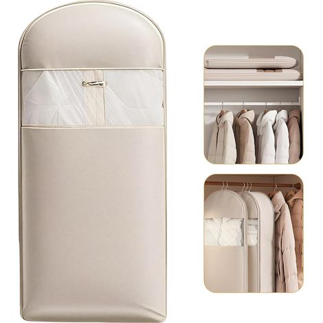 Housse à vêtements 130 cm beige, suspendue avec fermeture éclair auto-compressante – Organisateur gain de place pour doudounes, vestes, costumes, manteaux – Housse anti-poussière pour armoire (1/5)