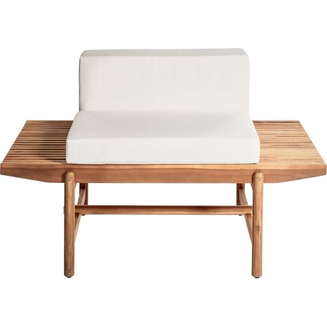 Banc de Jardin Rustique en Bois d'Acacia 135 x 84 cm avec Coussins Blanc Cassé Bois Clair Giaveno