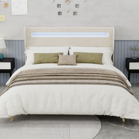 Lit 160x200cm - Lit Double 160x200cm - avec Tête de Lit LED - Éclairage Ambiance & Structure Fixe Moderne - Tissu Beige (1/5)