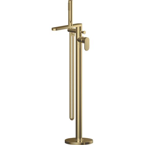 Balterley Enville Round Floor Standing Bath Shower Mixer Tap with Kit and Flat Rounded Spout - Brushed Brass Finish
