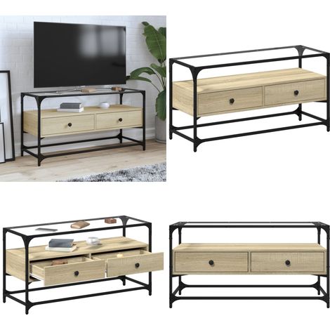 Mueble TV cristal y madera ingeniería roble Sonoma 98x35x51 cm - Mueble de tv cristal y madera - Mueble de tv industrial