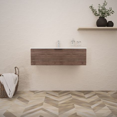Inda - Badezimmerschrank B.100 mit glänzendem Waschbecken / Braune Eiche 1 Schublade - Topazio