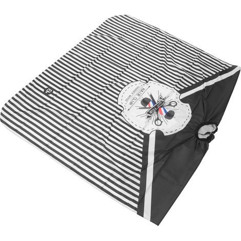 Kit de coiffure professionnel complet avec cape, poudre, brosse et vaporisateur pour salon. Design rayé noir et blanc. (1/5)