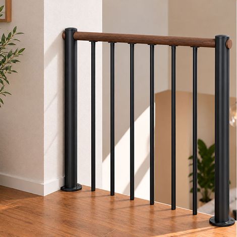 Ringhiera per scala diritta - Nero - Acciaio verniciato a polvere - Lunghezza 1 m - Corrimano in legno di noce - RE-I-RV-BOIS-NN (1/5)