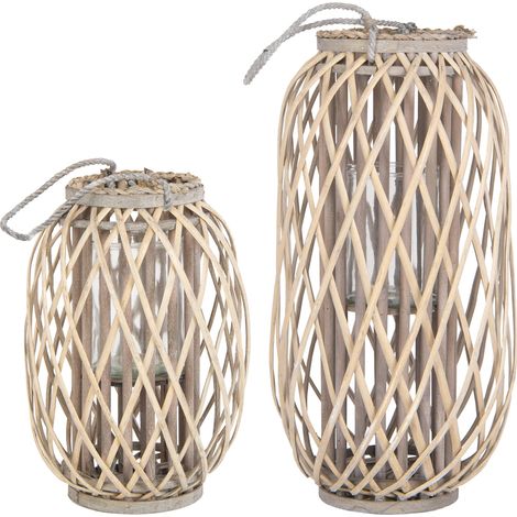 ECD Germany 2er Set Laterne Ried 40xØ26cm/50xØ28cm mit Henkel, Natur Grau/Braun, Flechtoptik, Rattan Windlicht mit Glaseinsatz, Retro-Laterne, Handgeflochtene Gartenlaterne Kerzenhalter Kerzenständer