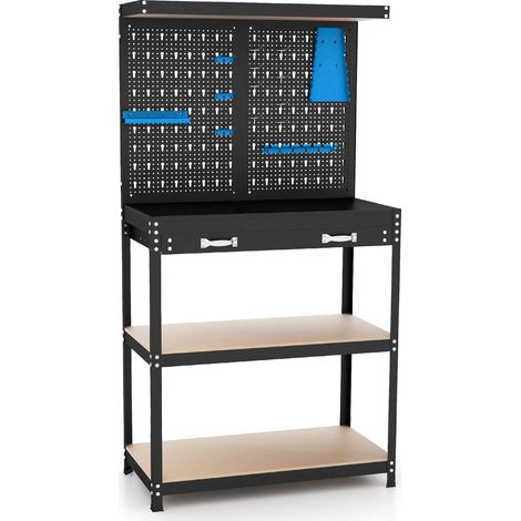 Tool Storage Workbench with Pegboard with 14 Hanging Accessories for Garage-Black and Blue (1/5)