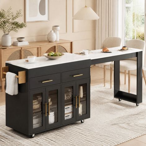 Isola da cucina 132.5x50x93 cm, piano estraibile con contenitore e ruote, ante in vetro, MDF nero (1/5)