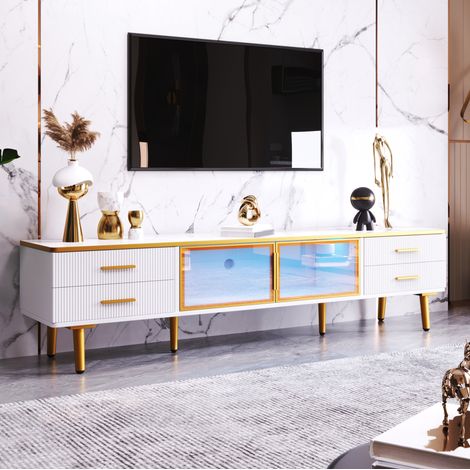 MEUBLIV Meuble TV 170 cm blanc – LED, 4 tiroirs, 2 portes en verre trempé (1/5)