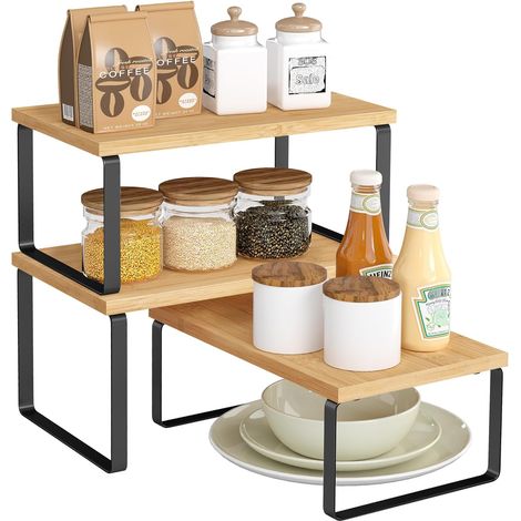 Lot de 3 Étagères, Extensibles, Empilables, Métal, Bois d'ingénierie, Cuisine (1/5)