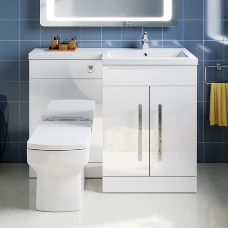ELEGANT L Shape Bathroom Vanity Sink Unit 1100mm Furniture Storage High Gloss White Vanity Unit with Concealed Cistern + Basin with Ceramic Square Toilet Right Hand (1/5)