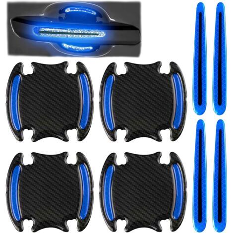 Lot de 8 Film Autocollant Poignée Portière Voiture, Bandes Réfléchissantes Sécurité Protection Poignée De Porte Anti-Collision Universel Voiture Anti-Rayures 3D Fibre de Carbone Bleu (1/5)