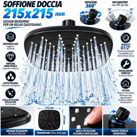 Soffione Doccia ad Alta Pressione 215x215mm Nero Opaco ABS Getto Pioggia G1/2" (1/5)