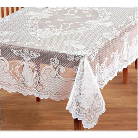 Nappe rectangulaire en dentelle blanche, 152 x 213 cm (L x l), ornée d'un motif d'ange brodé, idéale pour une fête prénatale, une fête de mariage ou une table de cuisine rectangulaire. (1/5)