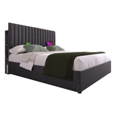 Lit rembourré avec espace de rangement,lit double,lit LED contrôlé par application,avec fonction de charge USB Type C,espace de rangement et tête de lit réglable,sommier à lattes en bois 160x200cm,gri (1/5)