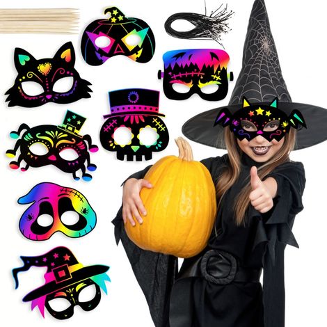 Lot de 8 masques de protection pour Halloween, motif arc-en-ciel à gratter, squelette, sorcière et citrouille. Décorations et cadeaux pour enfants. (1/5)