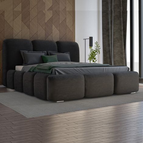 MEUBLER DESIGN Lit Honor En Velours Avec Coffre De Rangement Et Tête De Lit Matelassée - Velours Noir - 140x190, Style , x x cm (1/4)