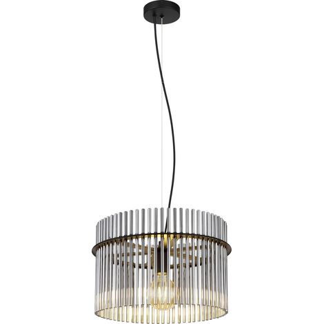Hängeleuchte Pendellampe Wohnzimmerlampe Esszimmerleuchte Deckenleuchte, Metall schwarz Glasstäbe rauchfarben, 1 Flammig E27, D 40 cm (1/3)