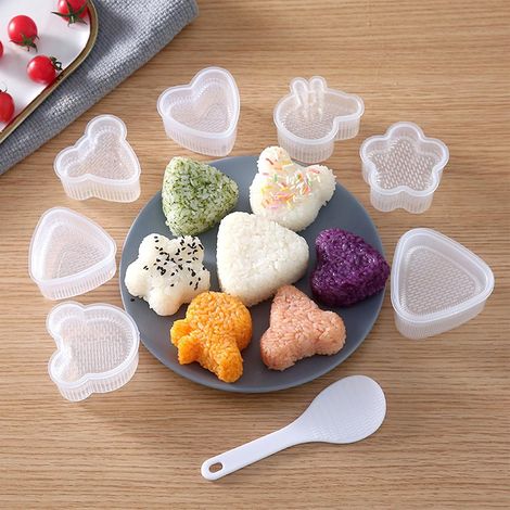 Ensemble de 8 moules à onigiri mignons de formes variées (triangle, cœur, lapin, fleur) + spatule, moules antiadhésifs pour bentos d'enfants, sushis maison et préparation de repas amusante. (1/5)