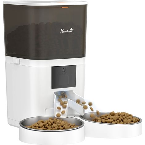 Automatischer Futterautomat für Katzen von Tuya mit 2 Edelstahlnäpfen (6 l), WLAN-fähig, App-gesteuert, weißes ABS, 37 x 36 x 35 cm