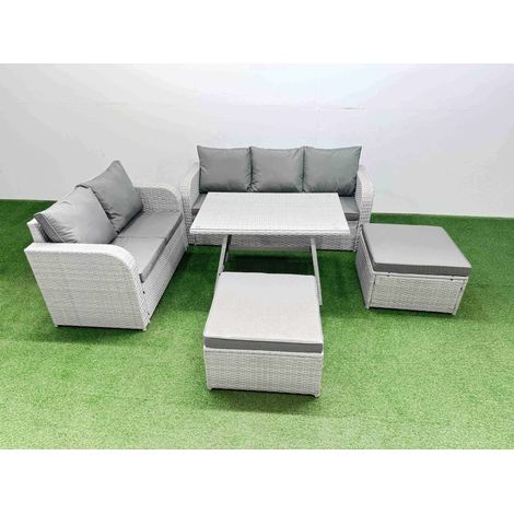 Fimous Outdoor PE Rattan Garden Furniture Set Rectangular Dining Table Sofa Set with 2 Big Stool Light Grey (1/4)