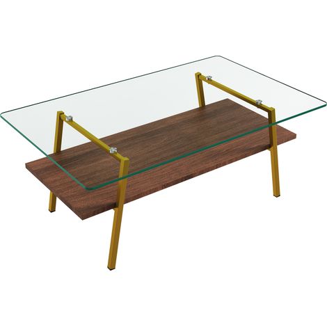 Table basse rectangulaire en verre trempé avec pieds métalliques dorés et brun H42,5 x L98 x P58 cm (1/5)