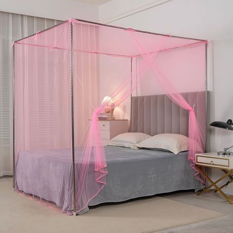 150x200 cm Cadre de lit à baldaquin + moustiquaire, cadre de moustiquaire + baldaquin, convient pour la chambre (rose) (1/5)