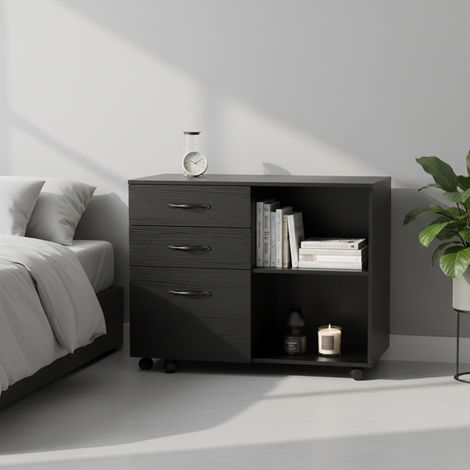 Meuble de bureau à roulettes avec 5 roulettes, 3 tiroirs et 2 compartiments ouverts, design industriel, pour documents, noir (1/5)