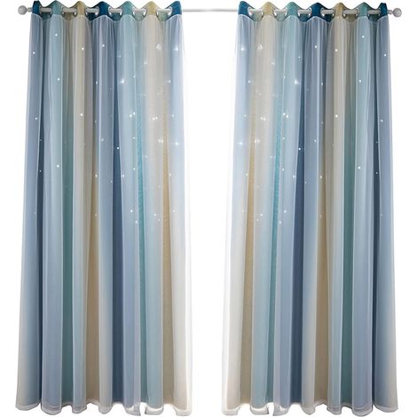 Rideaux Occultants étoiles Colorées, Design Double Couche pour Chambre de Filles, Salon, Rideaux de Fenêtre en Tissu Polyester Isolant (Bleu 53" L x 85" L) (1/2)