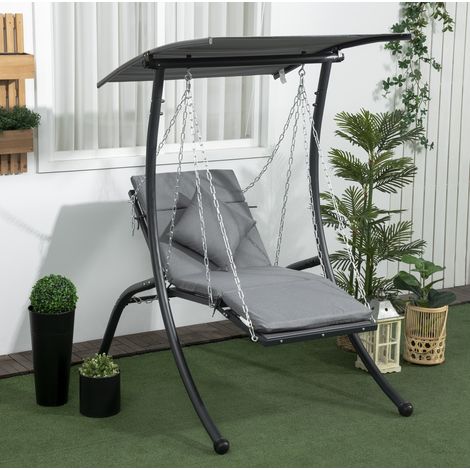 Columpio de jardín de acero gris oscuro con cojín, almohada y techo inclinable 45°, convertible en asiento o tumbado (1/5)