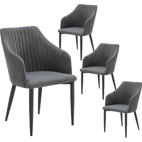 FASCA - Lot de 4 Fauteuils Tissu Noir Surpiqures Verticales Pieds Métal (1/5)