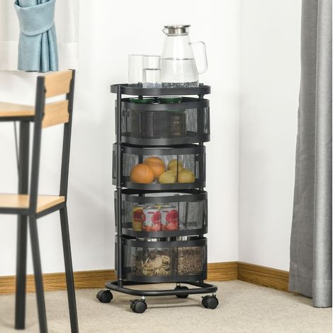Carrello portaoggetti 33x33x77 cm nero in acciaio con 4 livelli, ruote girevoli e ripiano superiore (1/4)