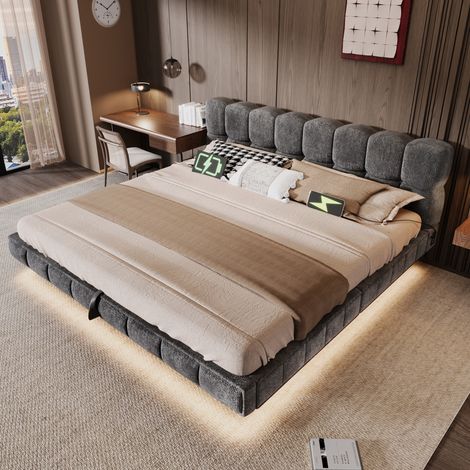 Lit coffre rembourré 180x200 cm avec rangement hydraulique, design nuage effet bulles, LED, USB/Type-C, chenille - Gris (Sans matelas) (1/5)