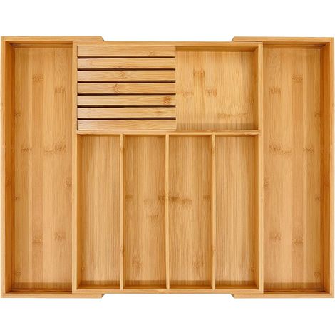 Organisateur de tiroir à couverts en bambou pour la cuisine, porte-ustensiles extensible et plateau à couverts avec séparateur  Rangement pour couverts de 33 à 55 cm et bloc à couteaux amovible (1/5)