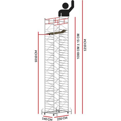 Scedil – Échafaudage TITANIUM PRO – Hauteur de travail 12,10 m – Acier galvanisé électrolytique – Charge maximale 520 kg – 4 roues avec freins