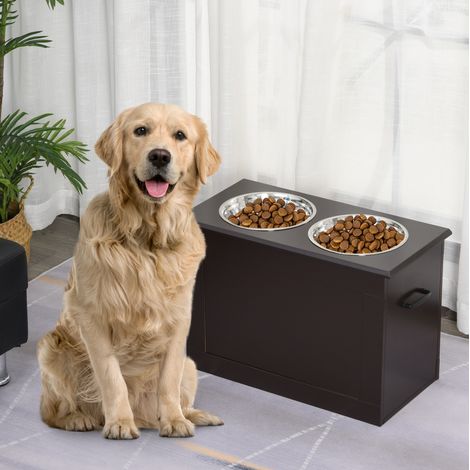 Station d’alimentation surélevée pour chien avec rangement, 2 gamelles inox, MDF brun (1/5)