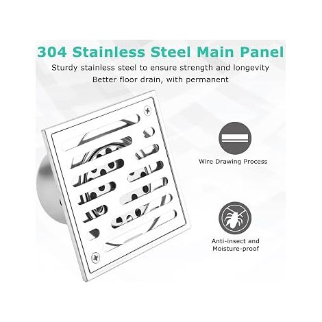 Caniveau De Douche En Acier Inoxydable 110 x 110 mm - 150 x 150 mm - Siphon De Sol Pour Salle De Bain De Grand Calibre - Grille De Vidange - 0.3 kg (1/5)