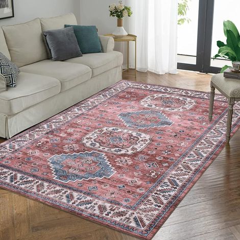 Tapis 150 x 210 cm lavable en machine, antidérapant, style vintage, résistant aux taches, style bohème rétro, rose, idéal pour le salon, la chambre ou la chambre d'enfant.