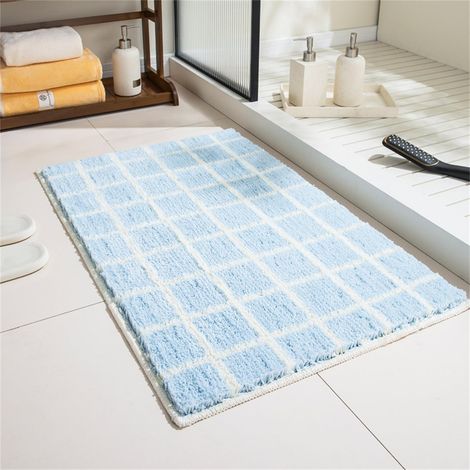 Tapis de Bain Absorbant, Antidérapant, Lavable en Machine, Entretien Facile, 40 x 60 cm, Plaid Bleu Clair et Blanc (1/5)