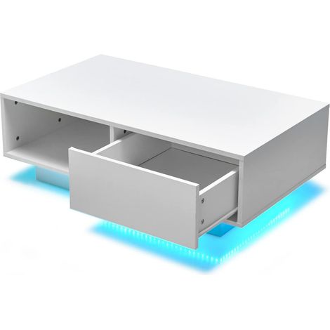 Tavolino centrale moderno ad alta lucentezza con scomparto aperto e cassetto, Tavolino basso con luci e telecomando Bianco (1/4)