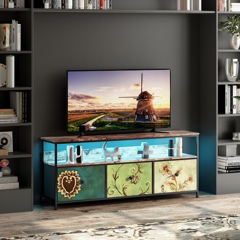 Meuble TV pour Téléviseur 60" avec LED, 3 Tiroirs Pliables en Tissu Et Étagère, Meuble TV en Métal Et MDF, 137x30x57cm, Marron Vintage Et Multicolore