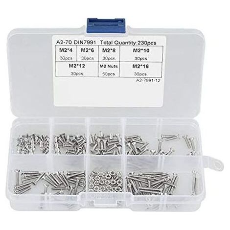 230 pcs M2 304 vis à métaux, Vis cylindriques tête plate boulon en acier inoxydable écrous assortiment kit (1/5)