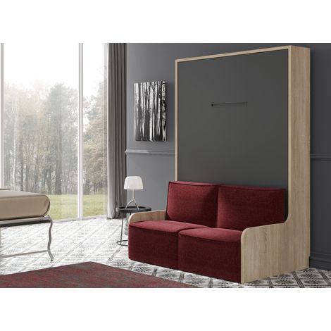 Lit escamotable vertical 140x190 Kozza Noyer Beige Matelas mousse 18 cm-Avec matelas-Cadre Noyer-Façade Blanche-Canapé Beige (1/5)