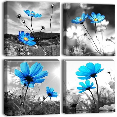 4-teilig Leinwandbilder Blaue Blumen Kunstdruck - Moderne Wandbild 30x30 cm (1/5)